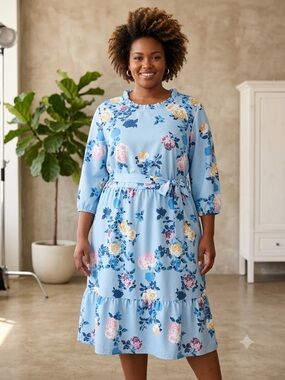 BloomChic Light Blue Floral Ruffled-Neck Midi Dress 22-24 NWT